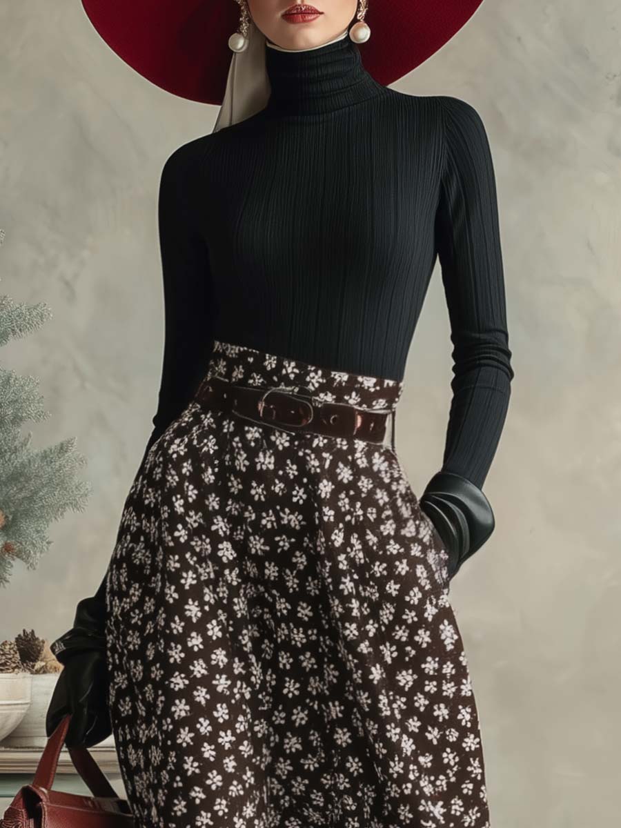 Refined Retro Black Turtleneck Top And Brown Snowflake Print Long Skirt Set