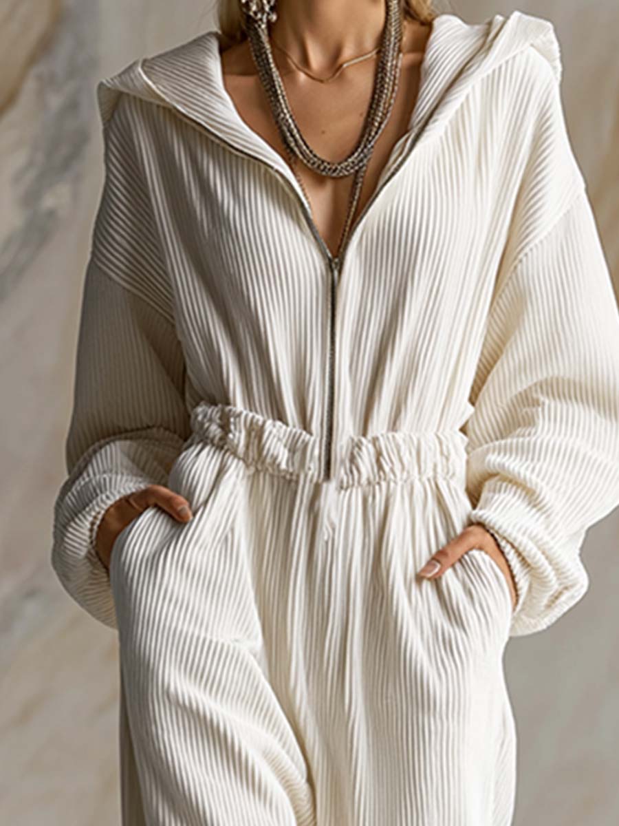 Relaxed Loose Fashionable White Corduroy Hooded Front Zipper Long Sleeve Jumpsuit
