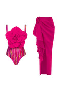 Flower Front Decor Patterned One Piece Swimwear Set