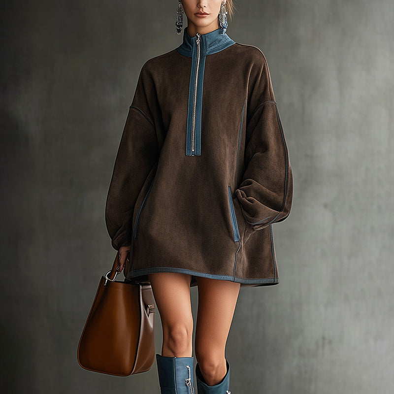Women's Autumn And Winter Western Retro Suede Fabric Loose Relaxed Stand Collar Zipper Decoration Dress