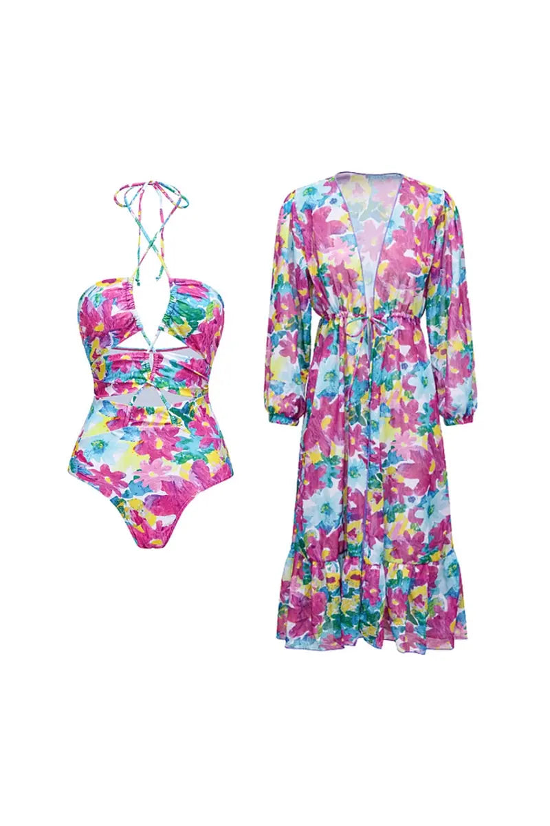 Cut-Out One Piece Swimwear Set with Cover Up