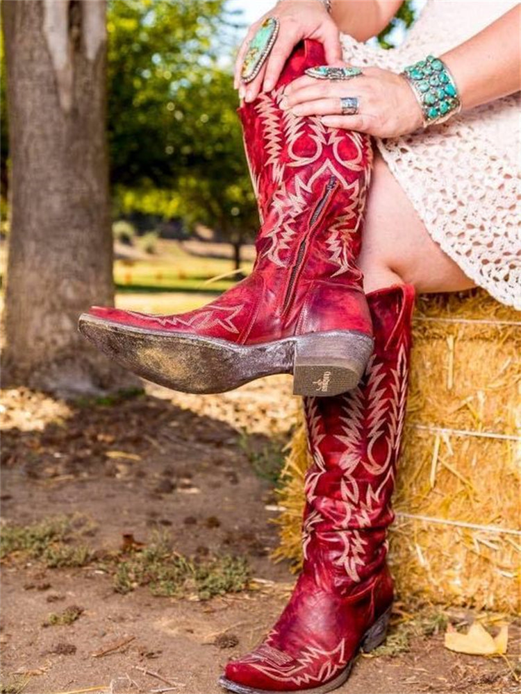 Retro Western Cowboy Embroidered Knee-High Boots