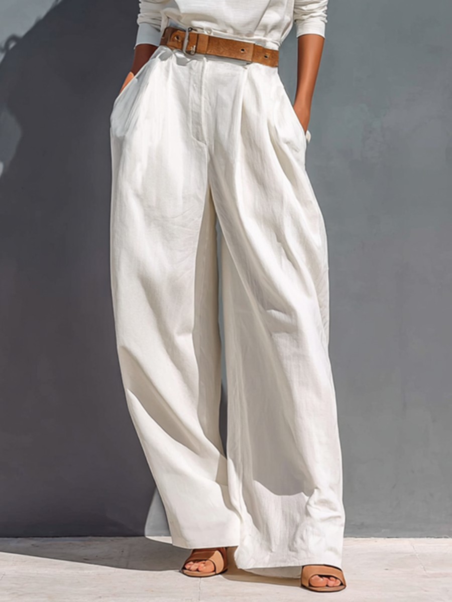 Coordinated All White Half High Neck Long Sleeve Loose T-shirt Wide Legs Two-Piece Set (Belt Not Included)