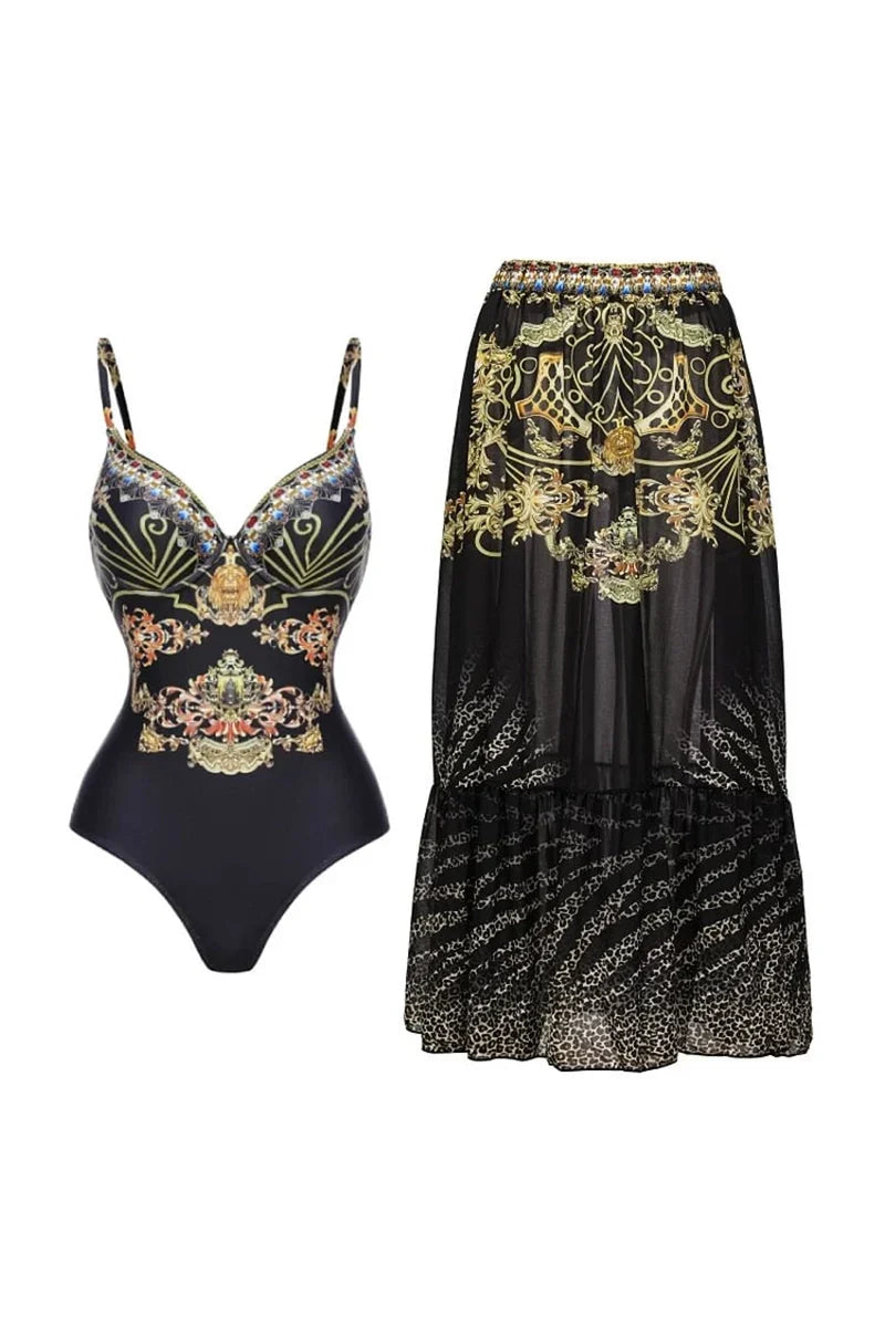 Modern Black Gold Print Strappy One Piece Swimsuit