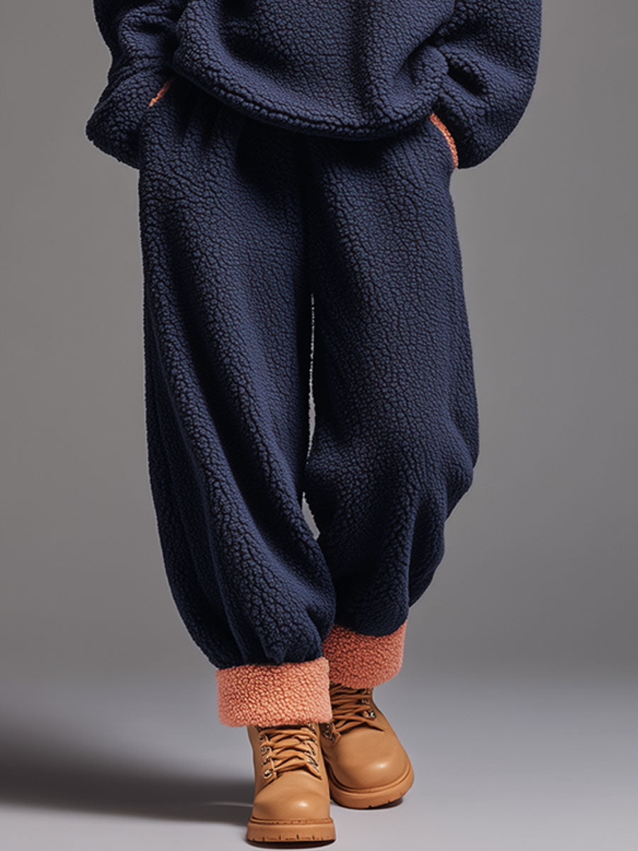 Relaxed Navy Blue Polar Fleece Half-zip Sweatshirt Trousers Sports Set