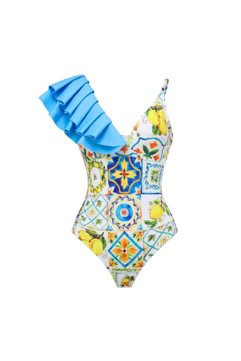 Lemon Print Open-Back One Piece Swimwear Set