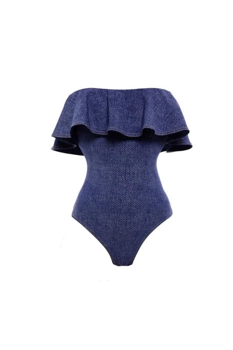 Denim Bandeau One Piece Swimwear Set