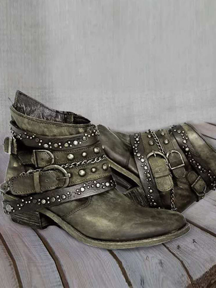 Retro Washed Studded Buckles Ankle Boots