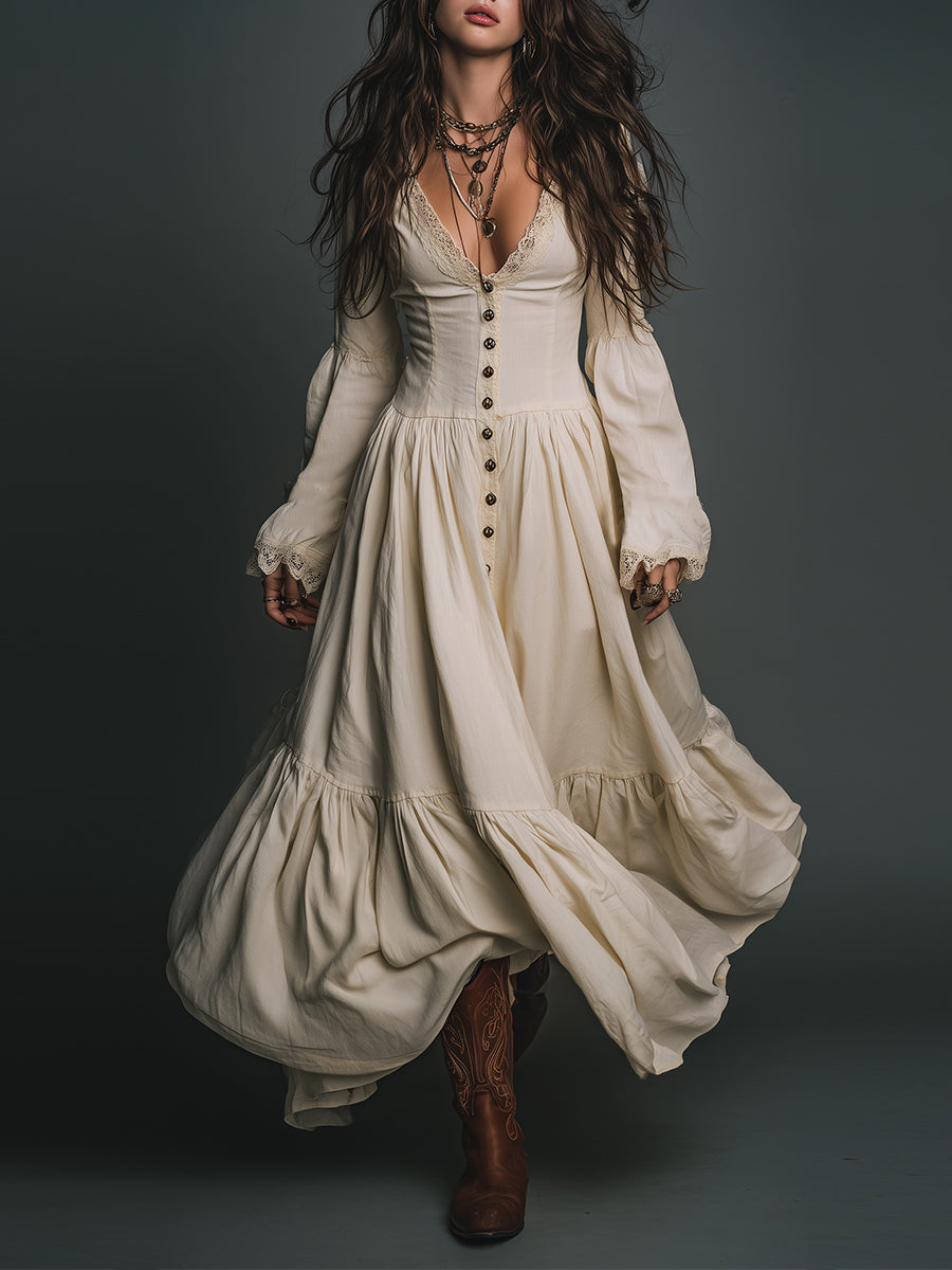Refined Retro Lace Spliced single-breasted Cotton Maxi-Length Dress