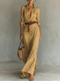 Ladies Lapel Long Sleeve Shirt Belted Maxi-Length Dress