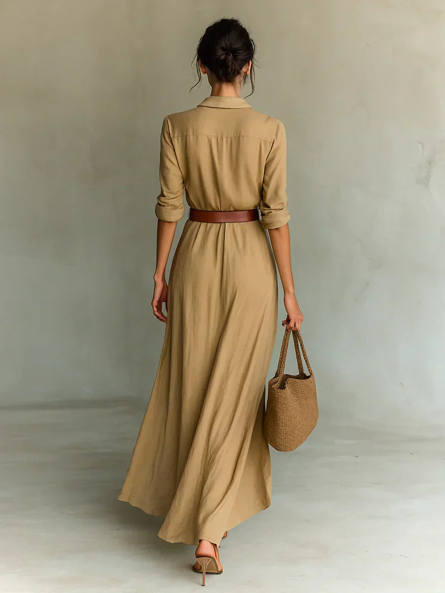 Ladies Lapel Long Sleeve Shirt Belted Maxi-Length Dress