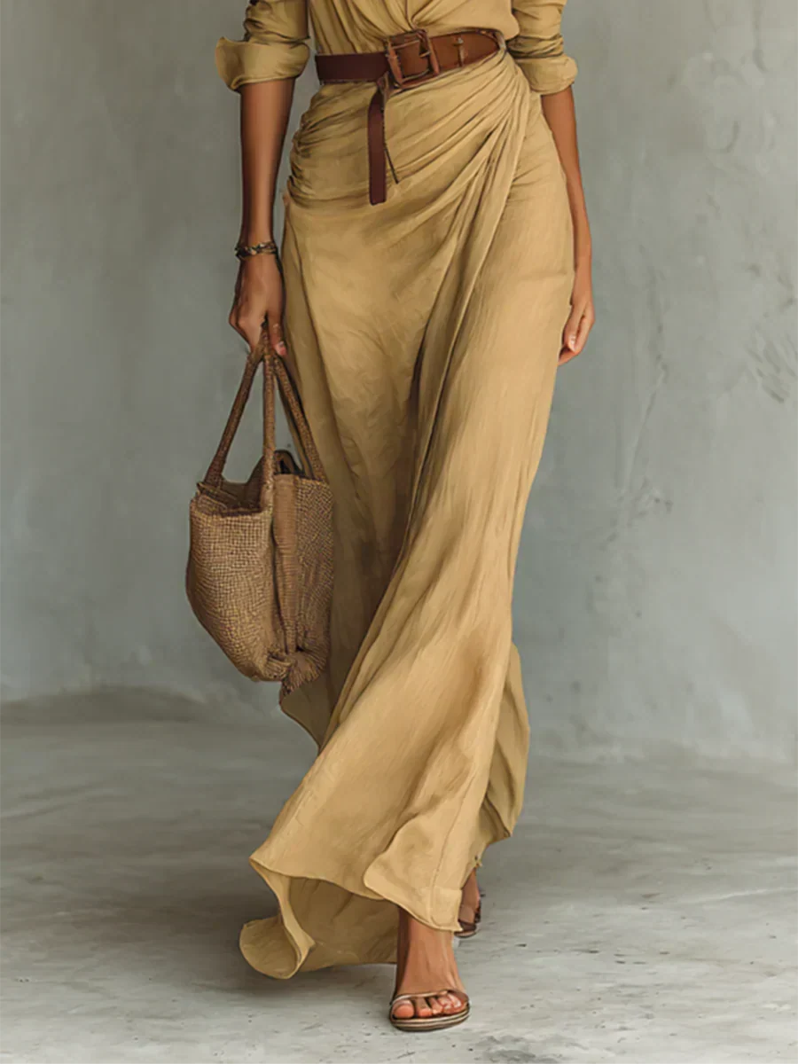 Ladies Lapel Long Sleeve Shirt Belted Maxi-Length Dress