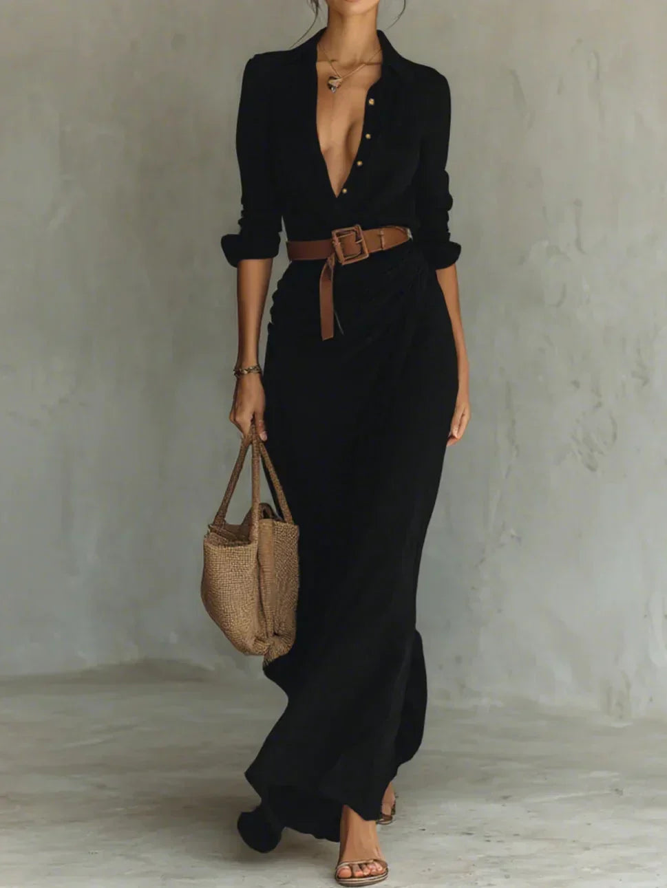 Ladies Lapel Long Sleeve Shirt Belted Maxi-Length Dress