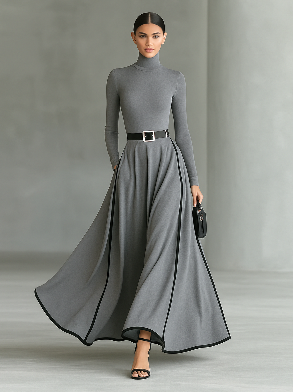 Women's Black Stitching White Trim High Collar Long Sleeve Tight Belt Maxi-Length Dress