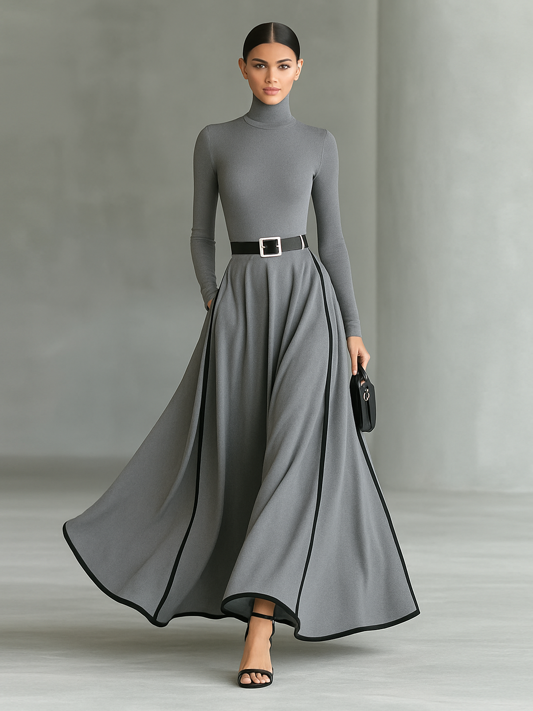 Women's Black Stitching White Trim High Collar Long Sleeve Tight Belt Maxi-Length Dress