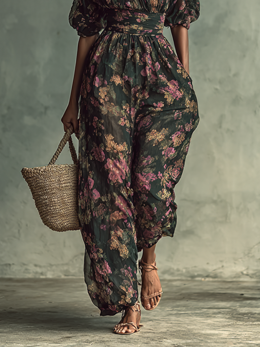 Women's Chiffon Flower Print Bandeau Short Sleeve Waist Jumpsuit