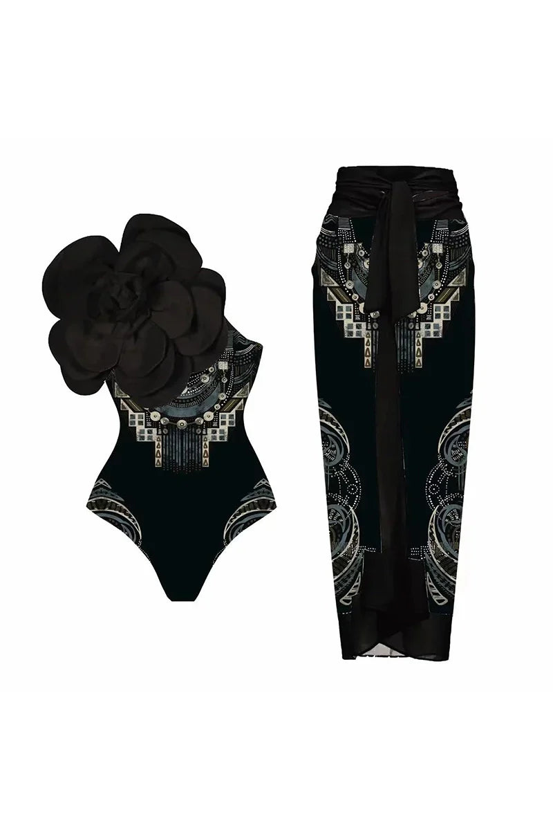 Flower Print One-Piece With 3D Black Flower