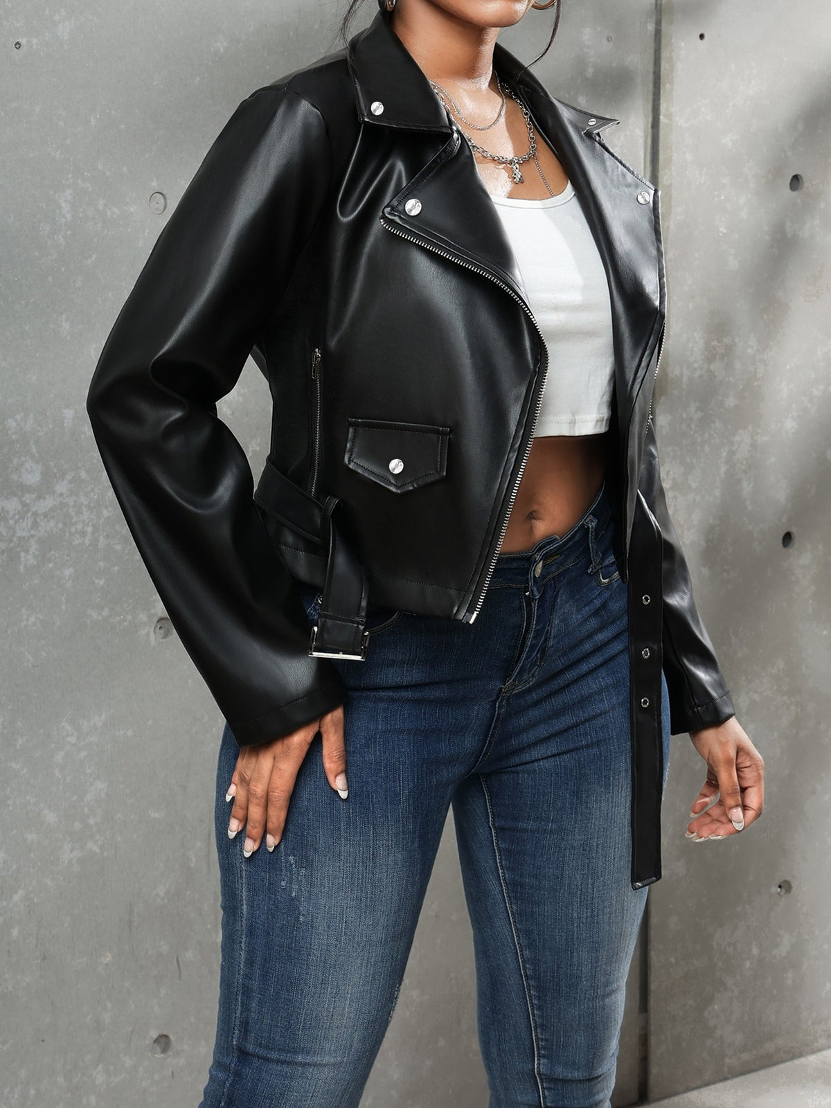 Black Leather Jacket with a Belt