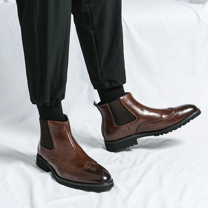 Leather Chelsea Boots with Brogue Detailing and Shock-Absorbing Sole