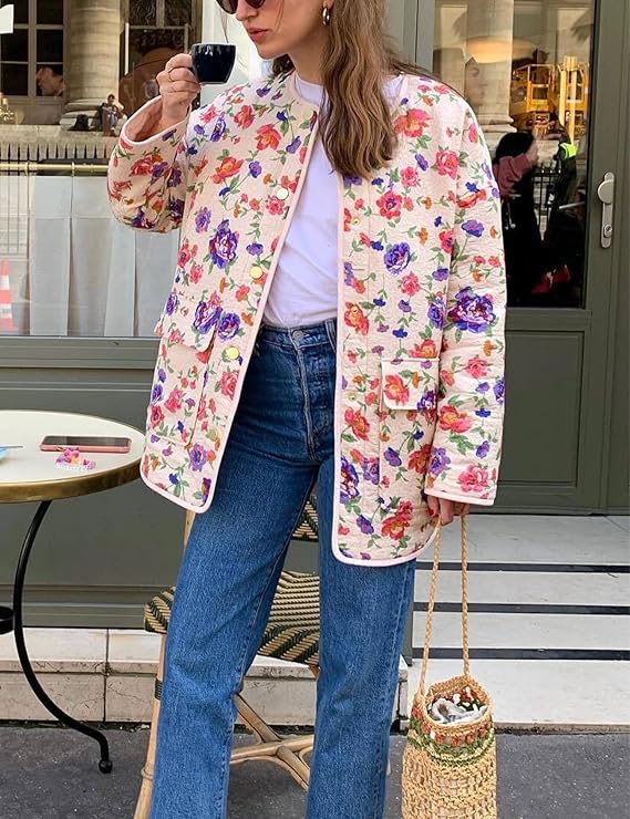 Denim Jacket with Floral Print, Pockets and Relaxed Fit