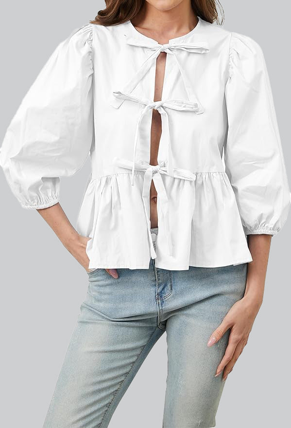 Modern Puff Sleeve Peplum Bow Ties Blouse Top