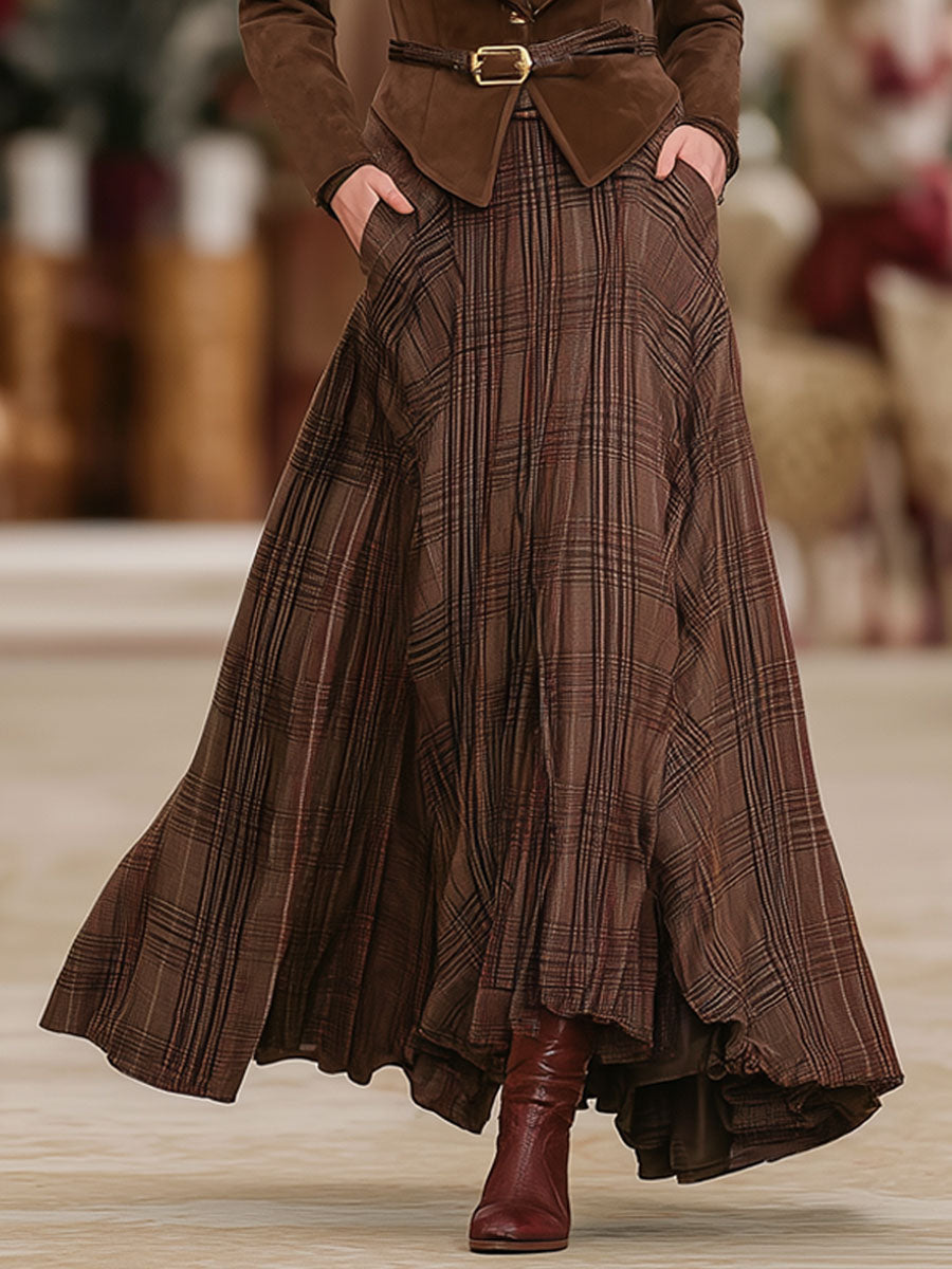 Modern Retro Brown Plaid Double Pocket Elastic Waist Skirt