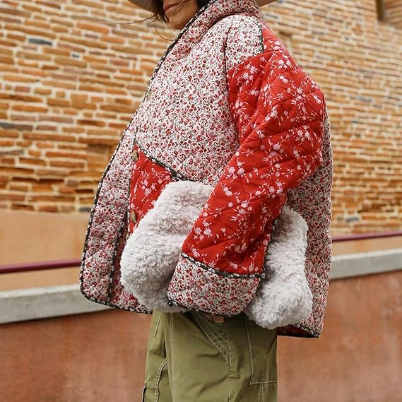 Quilted Jacket with Floral Print and Ethnic Print in Quilted Design