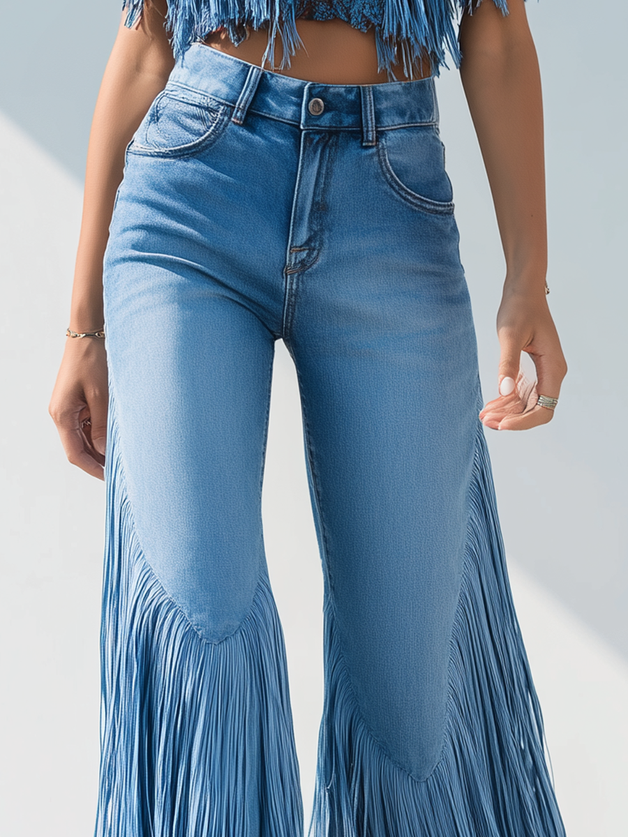 Modern Trendy Retro Tassel Flared Jeans