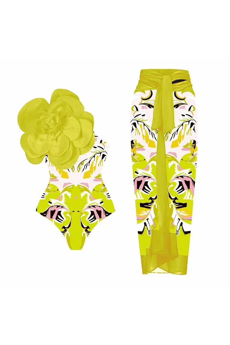 Flower Print One-Piece with 3D Yellow Flower