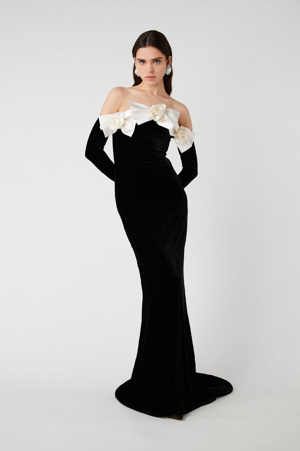 Lara Bowtie Off-shoulder Velvet Maxi-Length Dress