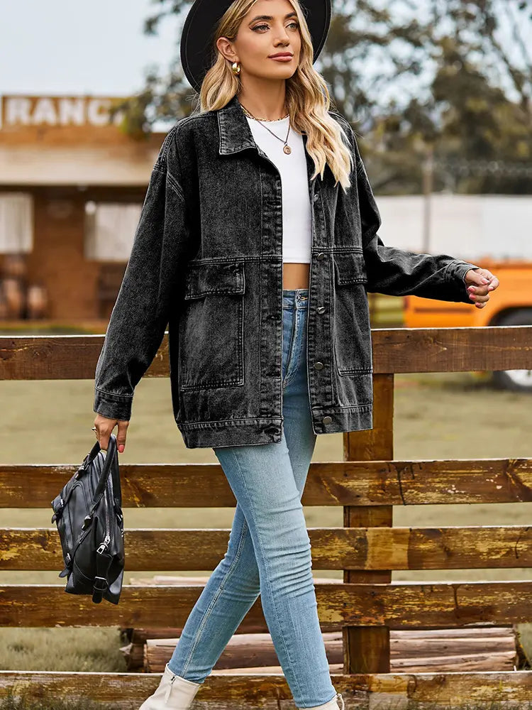 Oversized Denim Jacket with Button Closure and Pockets