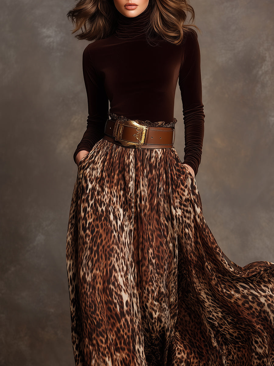 Refined Turtleneck Velvet Top & Leopard Print Long Skirt Set With Belt