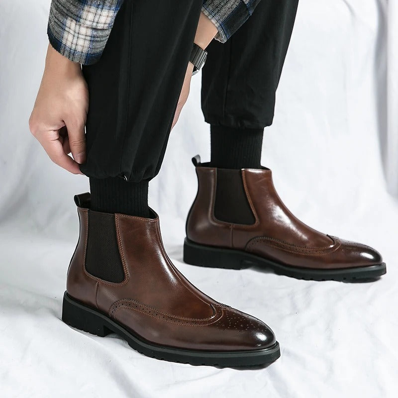 Leather Chelsea Boots with Brogue Detailing and Shock-Absorbing Sole