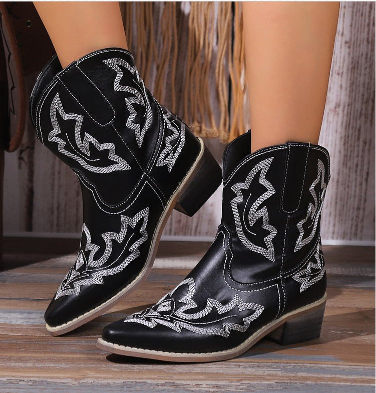 Retro Embroidered Block Heel Short Western Boots