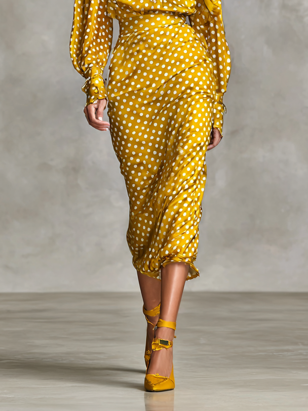 Women's Retro Satin Polka Dot Print Shirt And Skirt Two-Piece Set (Not including scarf)