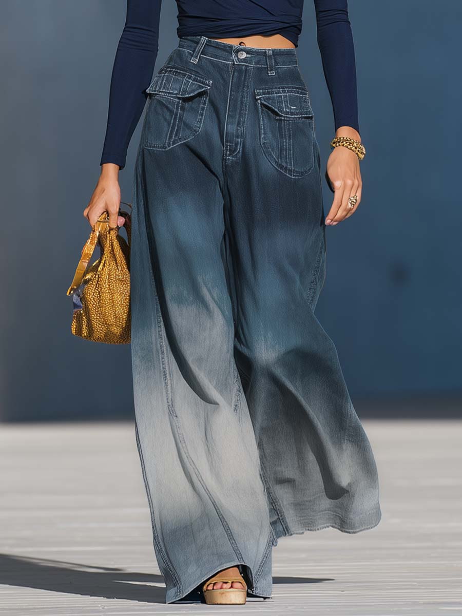 Relaxed Fashion Gradient Washed Denim Blue Gray Loose Trousers
