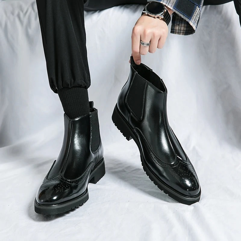 Leather Chelsea Boots with Brogue Detailing and Shock-Absorbing Sole