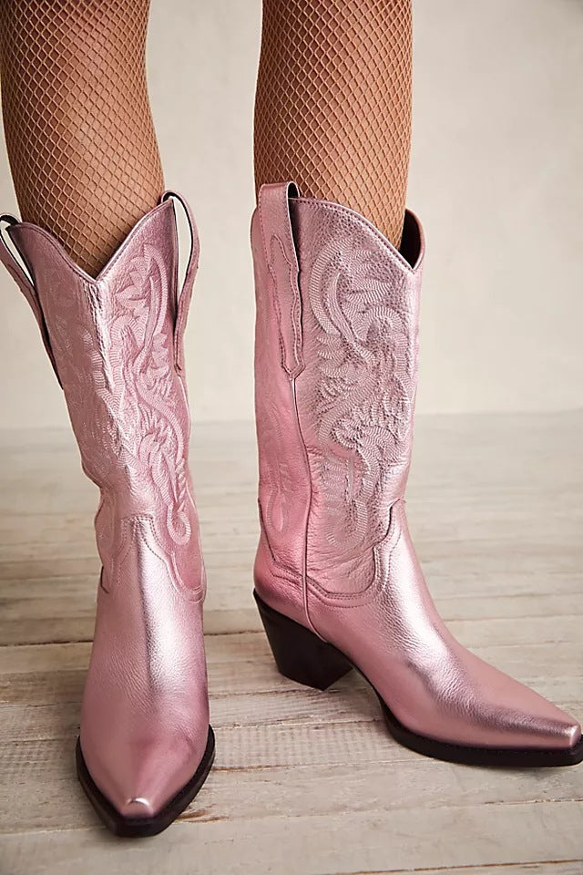 Modern Embroidered Pointed Toe Thick Heel Western Boots
