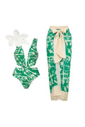Flower Applique Green Patterned One-Piece Swimwear
