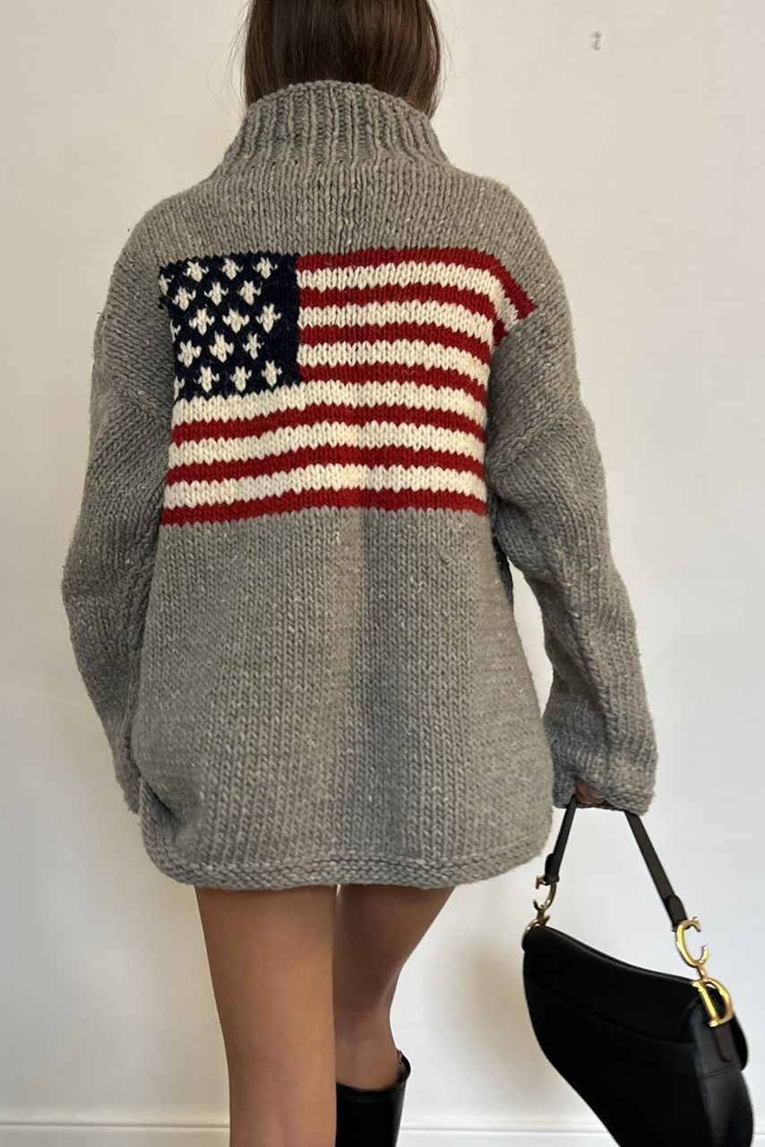 Retro Flag Pattern Oversized Mock Neck Knit Sweater