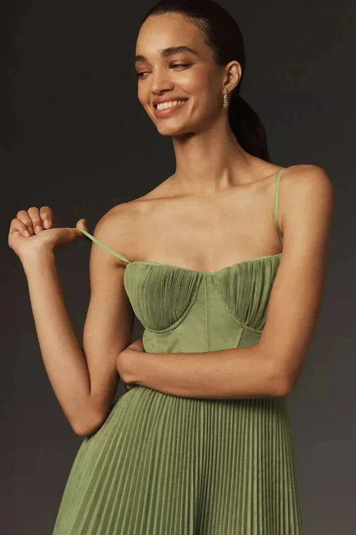 Bustier Pleated Tulle Fit & Flare Midi-Length Dress