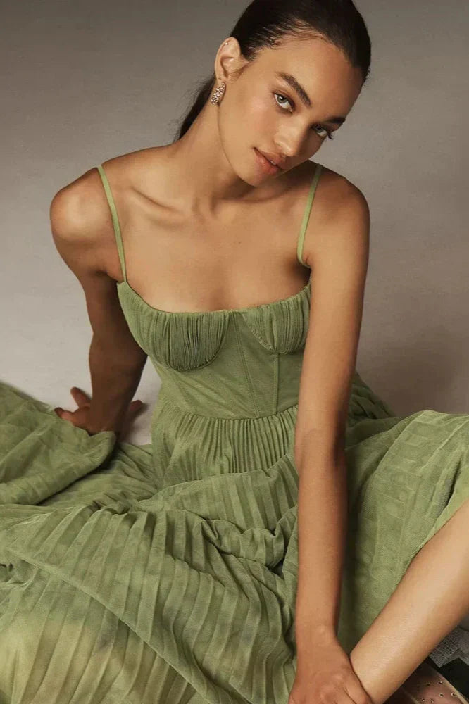 Bustier Pleated Tulle Fit & Flare Midi-Length Dress