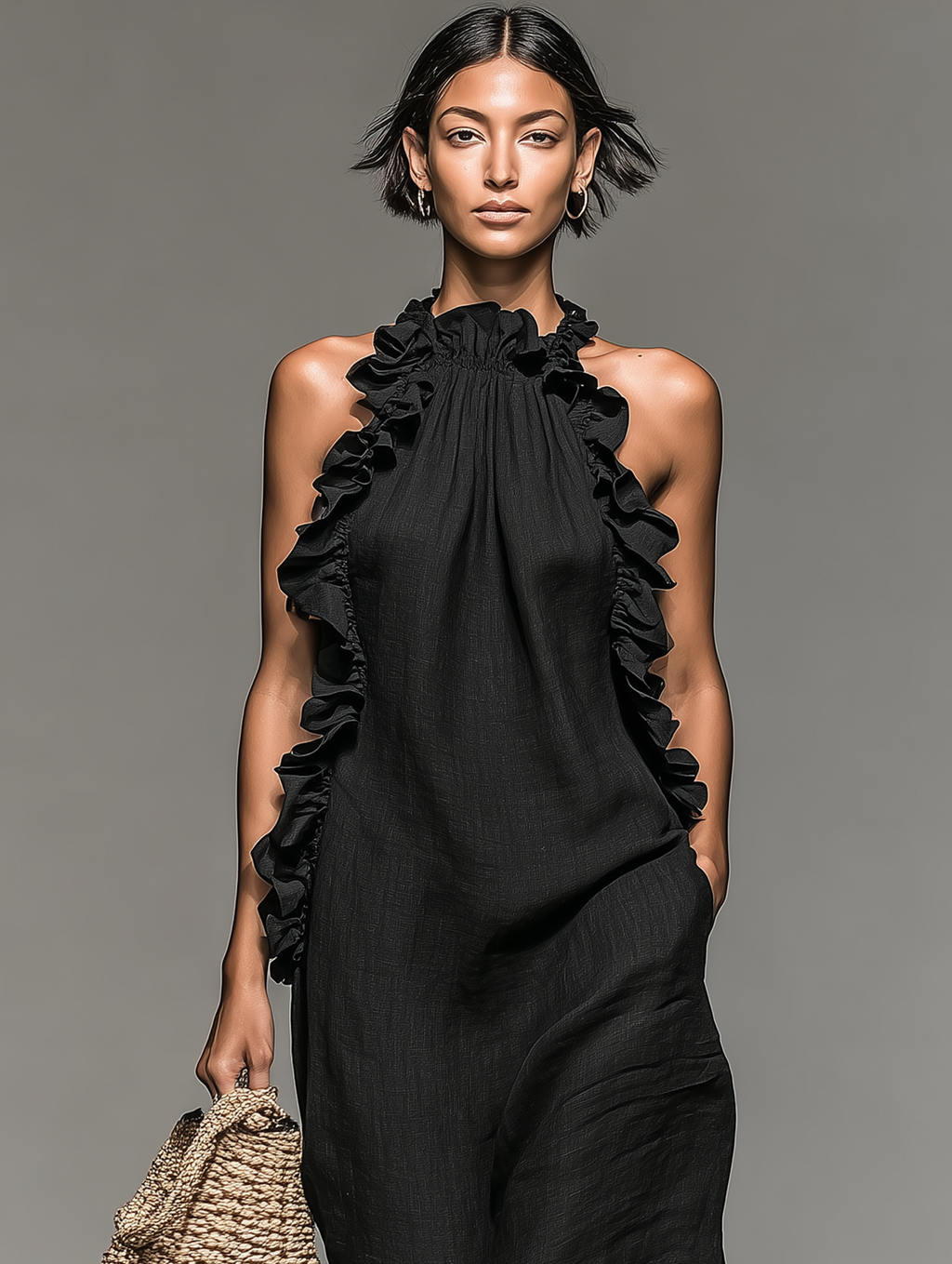 Linen Sleeveless Ruffled Maxi-Length Dress