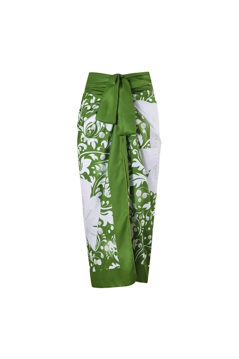 Green Swimwear Set Pearl Flower Embellishments