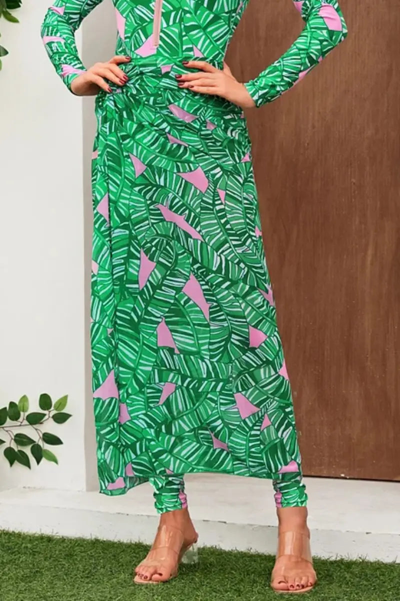 Green Zip Long Sleeve Patterned Surf Swimwear Set