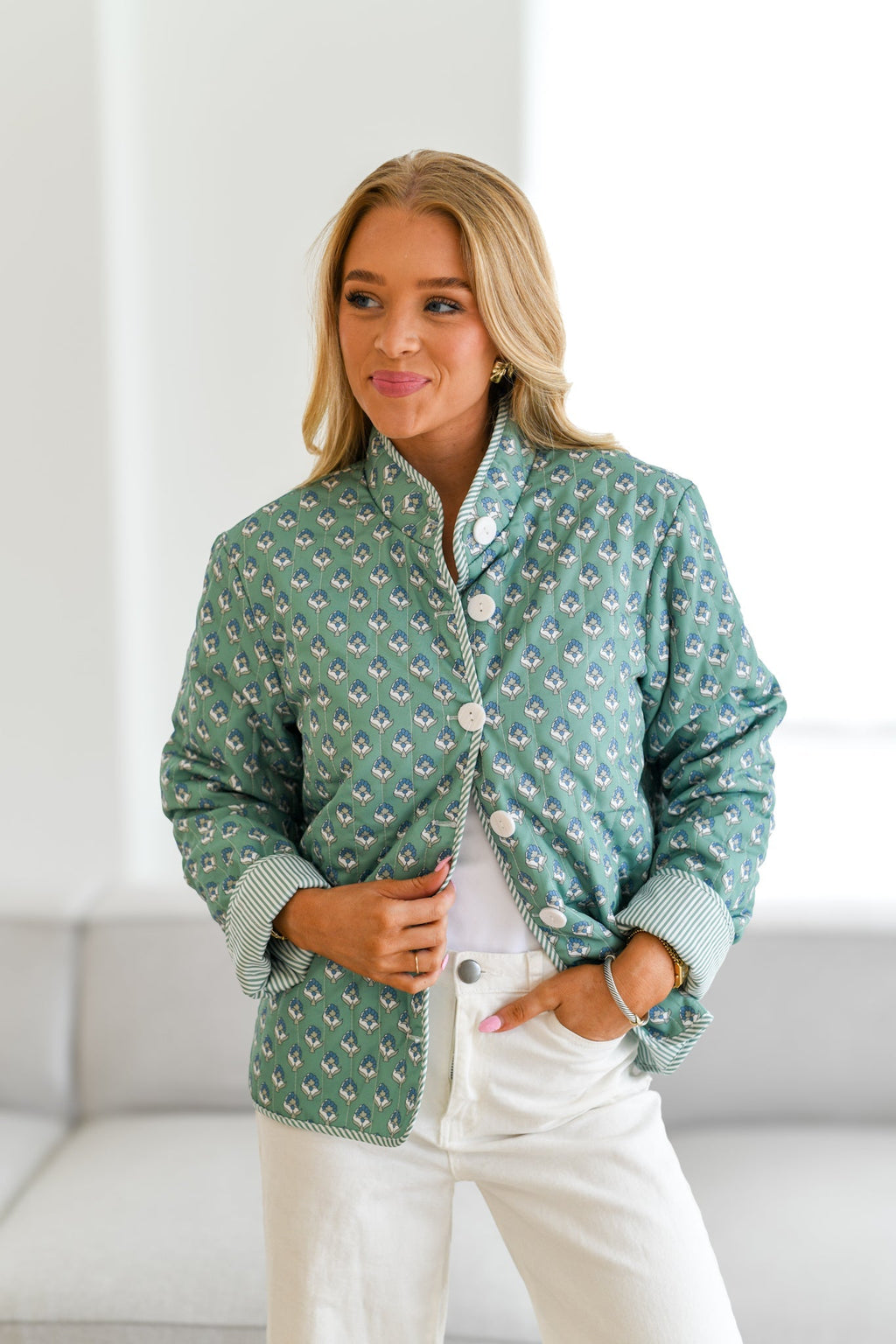 Tiffany Patterned Quilted Jacket-Teal Green