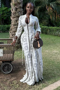 Modern White Geo Print Long Sleeve Gown