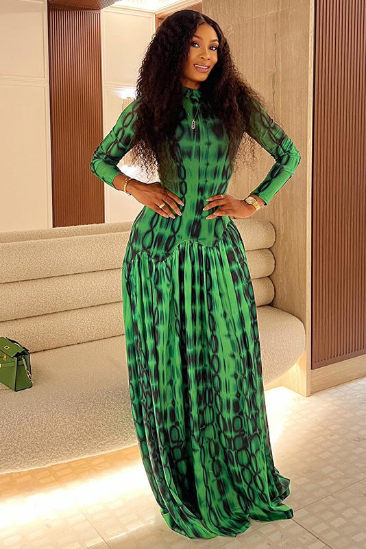 Emerald Animal Texture Flowy Maxi-Length Dress