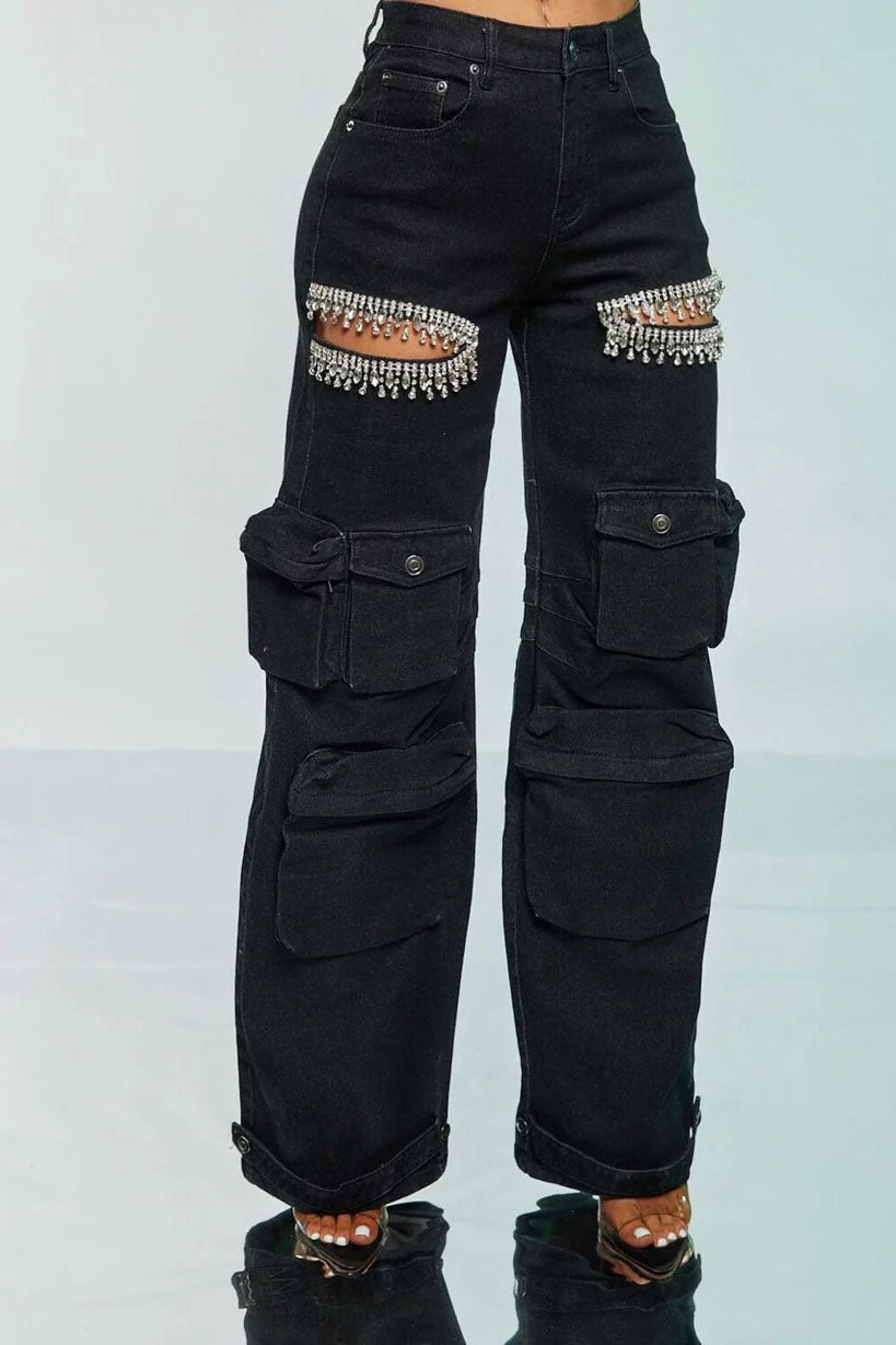 Cut Out Crystal-Detail Cargo Jeans