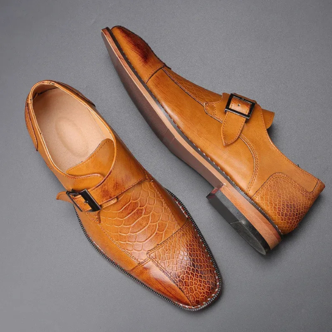 Full-Grain Leather Monk Strap Shoes with Embossed Texture
